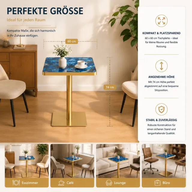 DESMIU Eettafel Vierkant Met Marmerlook En Gouden Rand Modern Voor Woonkamer Café En Bistro MDF Metaal 60x60x74 Cm Blauw