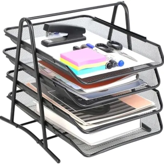 PromoHome 4-laags stapelbare documentenorganizer - Metaal rooster design - Zwart