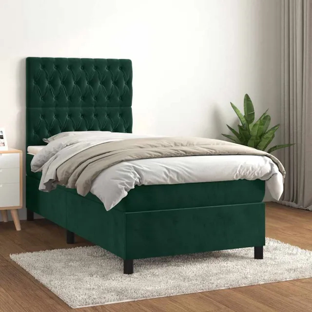 vidaXL Boxspring met matras fluweel donkergroen 90x200 cm groen