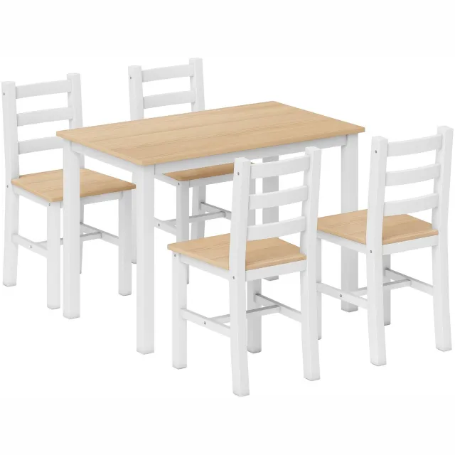 Homona 5-delige eethoek - Eettafel met 4 stoelen - Massief grenenhout - 108 x 65 x 75 cm - Natuurlijk/Wit Multi