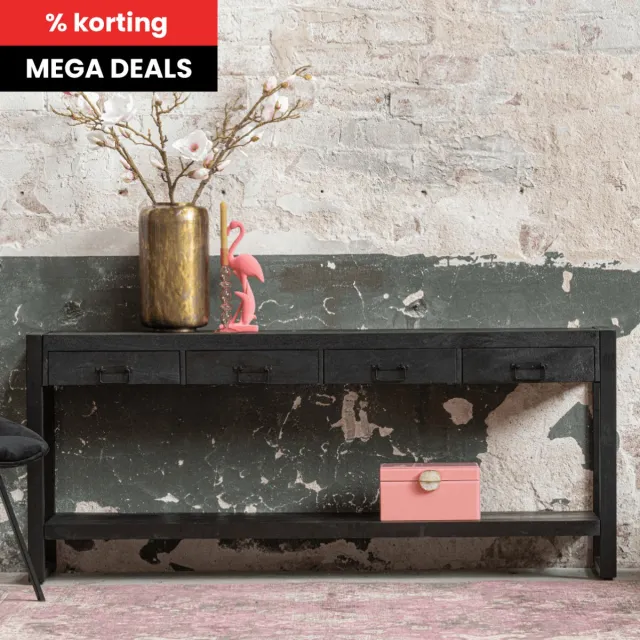 Mahom Mangohouten Sidetable Britt Black 4 lades 180 cm Mahom Industrieel - Kleine tafel van Mangohout & Metaal - Industriële Huiskamertafel Bruin