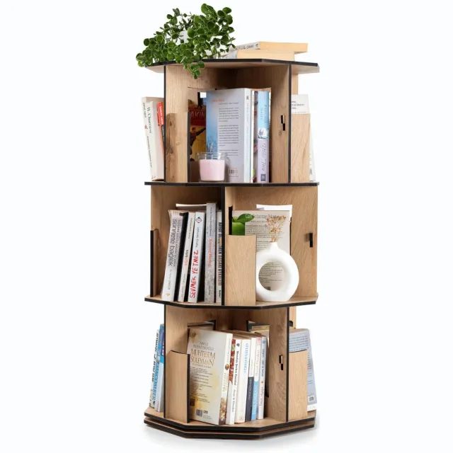 Ibenzoa Draaibare houten boekenkast met drie planken voor kleine ruimtes Oak