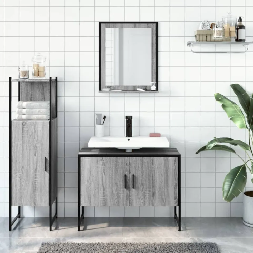 vidaXL 3-delige Badkamermeubelset bewerkt hout grijs sonoma eikenkleur, foto 2