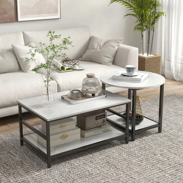 Sweiko Salontafel - Set van 2 - Marmerlook - Verstelbare poten - Staal - Wit