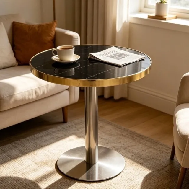 MIVRAY Bijzettafel - Rond Met Marmerlook En Goudkleurige Rand - Voor Woonkamer en Slaapkamer - MDF en Roestvrij Staal - Zwart - 60 x 73,7 cm