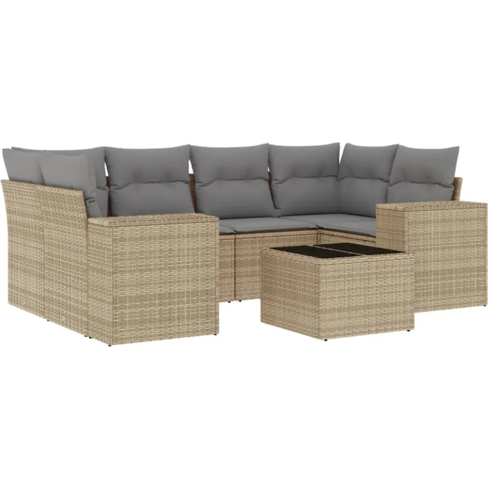 vidaXL 7-delige Loungeset met kussens poly rattan beige