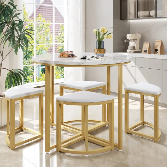 Zubaliya Eettafelset - complete set met 1 eettafel en 4 stoelen - tafel 80 x 80 x 75 cm - rond - mdf, metaal - wit, goud - voor keuken of eetkamer