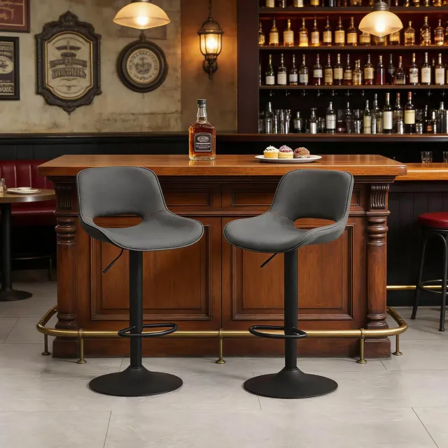 STILVORA Barkruk - Set Van 2 - Verstelbaar En 360 Graden Draaibaar Met Rugleuning En Voetensteun - Voor Bar En Keukeneiland - Grijze Stof Grijs