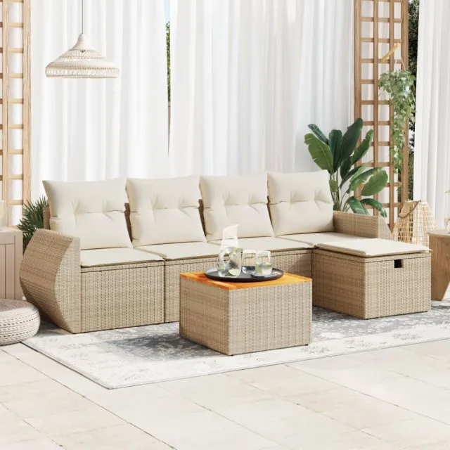 vidaXL 6-delige Loungeset met kussens poly rattan beige, foto 2