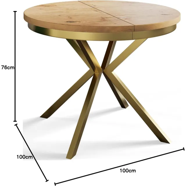 Laura Uitschuifbare Ronde Eettafel 100-180 cm x 76 cm – Lichtbruine Houtlook & Gouden Metalen Poten – Moderne Luxe Eetkamertafel – 4-8 Personen – Ruimtebesparend – Laura Lichtbruin houtlook tafelblad met gouden metalen poten