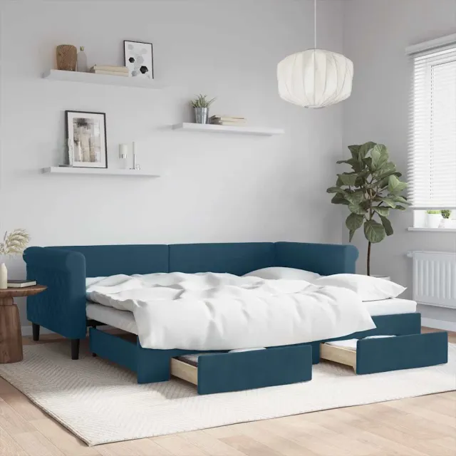 vidaXL Slaapbank met onderschuifbed en lades 90x200 cm fluweel blauw