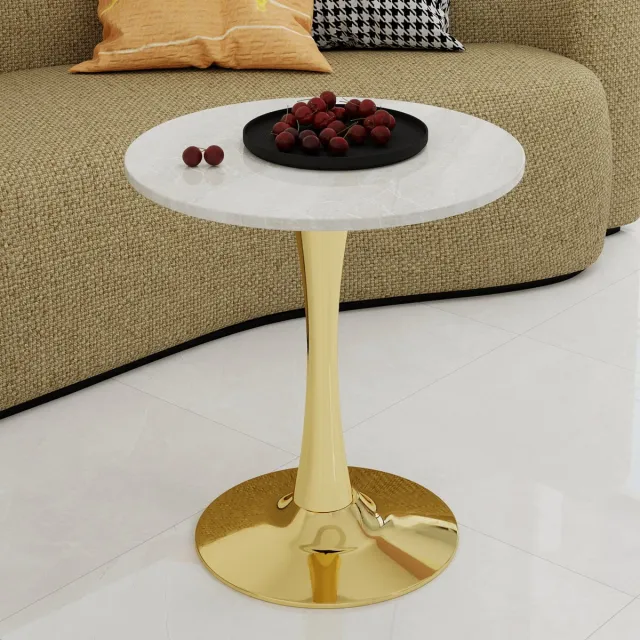 HAUSS SPOLE Bijzettafel Rond - Minimalistisch Ontwerp Met Hoge Poten - Voor Woonkamer Eethoek En Leeshoek - Kunstmarmer - Goud Wit