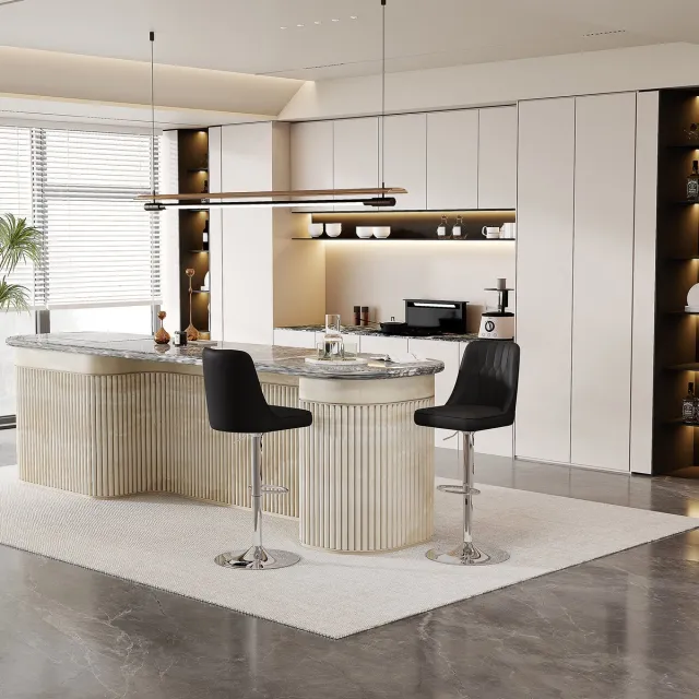 Wishdor Barkrukken - In Hoogte Verstelbaar En 360° Draaibaar - Met Rugleuning En Voetsteun - Zwart Kunstleer En Zilverkleurig Metaal Zwart+Zilver