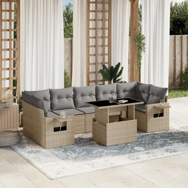 vidaXL 8-delige Loungeset met kussens poly rattan beige, foto 2