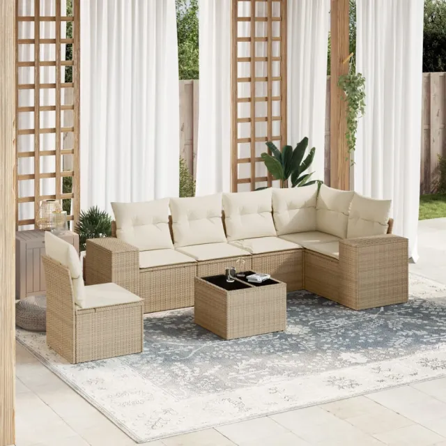 vidaXL 7-delige Loungeset met kussens poly rattan beige, foto 2