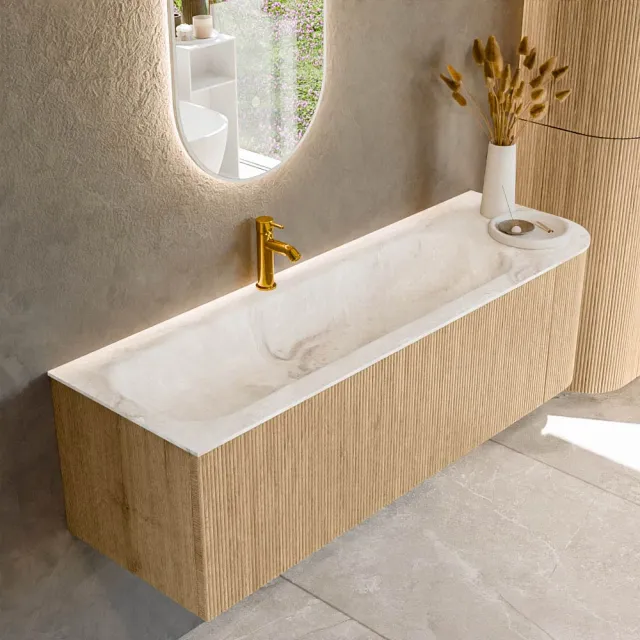 Mondiaz KURVE-DLUX 145 cm Onderkast Greeploos 1 Lade Met Deuren Oak, Wastafel Solid Surface Links Frappe 1 Kraangat Zonder Spiegel (KRVBGL145R1L1D1KL-Oak/Fra)