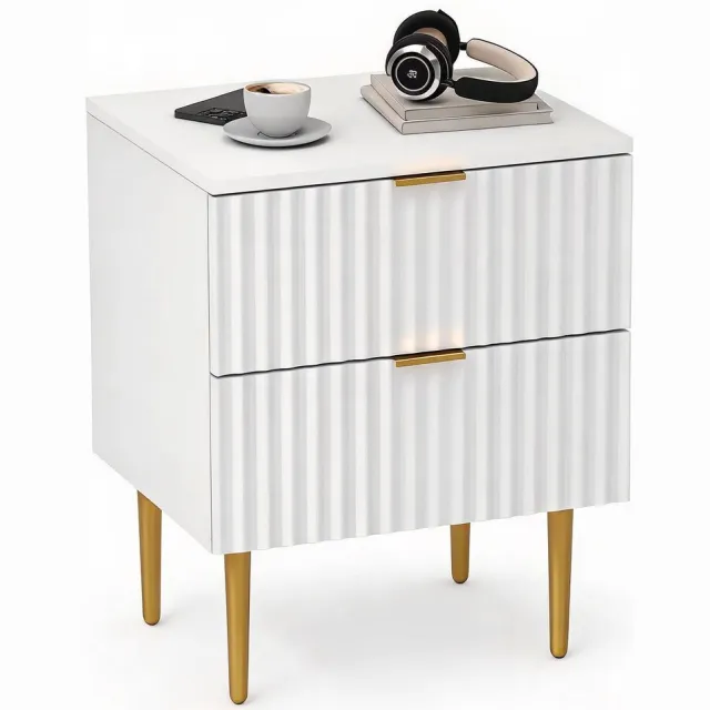 Danky Nachtkastje met 2 Lades - Geribbeld Modern Design - Geïntegreerd Oplaadstation met USB - Gouden Metalen Poten- Wit