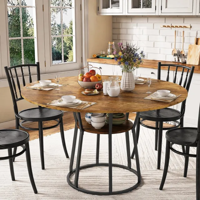 ROSAHQNDA Ronde eettafel van 120 cm met plank, ruimtebesparend, houten eettafel voor 4-6 personen, rustieke keukentafel met moderne ronde metalen poten, rustiek bruin (zonder stoelen)