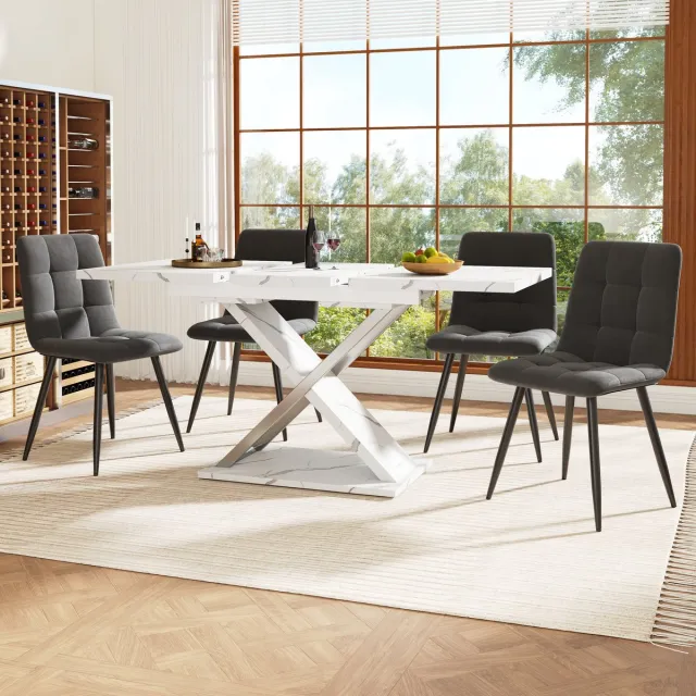 STILVORA Eettafel - Uittrekbare Tafel Met Inbouw Verlenger En Kruispoot - Ruimtebesparend Voor 4-8 Personen - MDF+Metaal - 118-157x75x76.4 cm - Wit