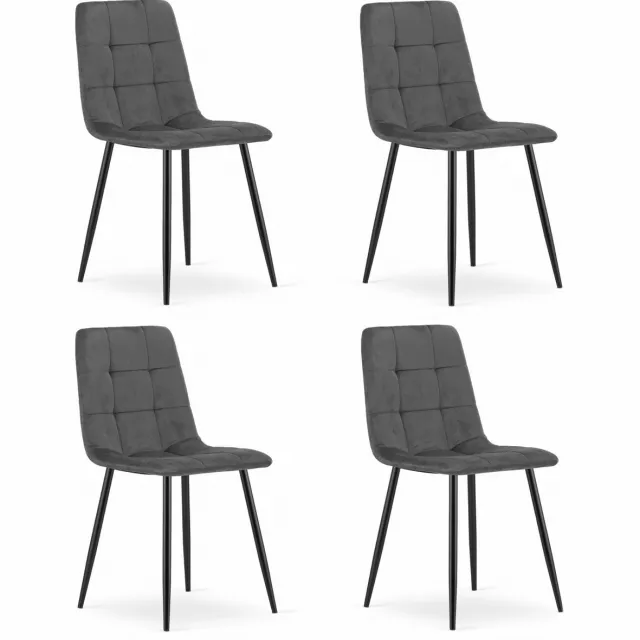 LEOBERT Set van 4 Eetkamerstoelen KARA Donkergrijs – Velvet Bekleding, Ergonomisch Design, Zwarte Metalen Poten, Comfortabele Zitting, Max. 120 kg