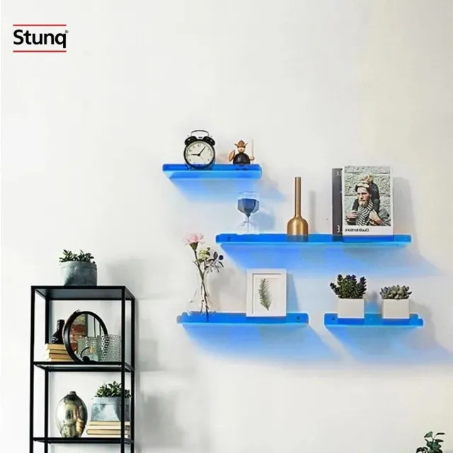 Stunq Blauwe Acryl Zwevende Wandplanken Set - 4 Stuks - Wandgemonteerde Boekenplank voor Woonkamer, Keuken en Badkamer