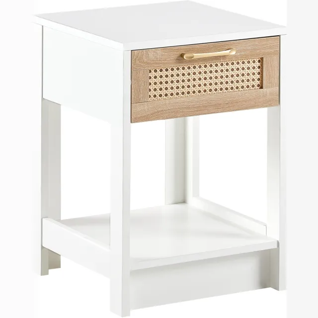 REDOM Nachtkastje - Rotan front met lade - Veelzijdig als bijzettafel - Modern design - Slaapkamer - MDF - Naturel en wit