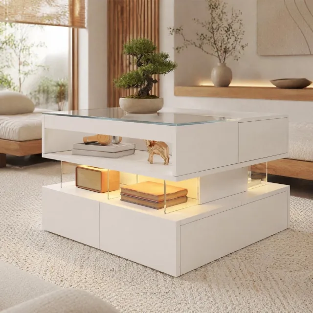 COVREO Salontafel 70x67x57 cm - wit, glasplaat, lift-top met lades en 16-kleuren LED