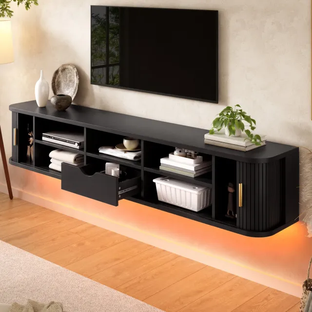 STILVORA Zwevend Tv-Meubel - Schuifdeuren Met Lade En Verstelbare Planken - Voor Woonkamer - Mdf - Zwart - 175x30x30 Cm