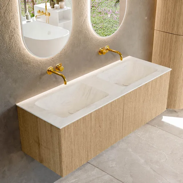 Mondiaz KURVE-DLUX 130 cm Onderkast Greeploos 2 Lades Zonder Deuren Oak, Wastafel Solid Surface Dubbel Opalo 0 Kraangaten Zonder Spiegel (KRVLEA1302L0D0KD-Oak/Opa)