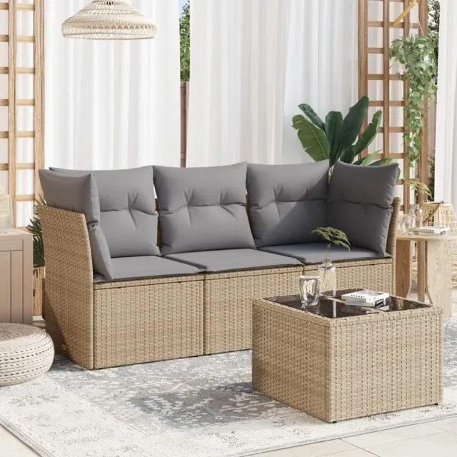 vidaXL 4-delige Loungeset met kussens poly rattan beige