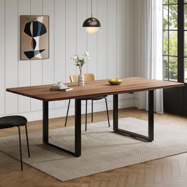 OKWISH Eettafel - Uitschuifbaar Met Drie Lengtes - Voor 6 Tot 10 Personen - Metalen Poten - MDF Walnootkleur - 140 Tot 220 x 80 cm