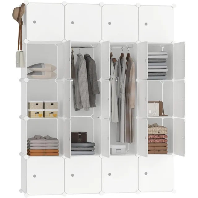 NAIZY 145x37x178cm Beige Kledingkast Kunststof, Reksysteem Garderobekast met 20 Kubussen & Deur, Draagbare Planksysteem Slaapkamerkast, Combikast voor Kleding/Boeken/Speelgoed, NAIZY