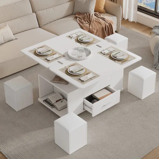 Merax Verstelbare eettafel - verplaatsbare salontafel - 4-in-1 multifunctionele koffietafel met lade - inclusief 4 krukken - wit