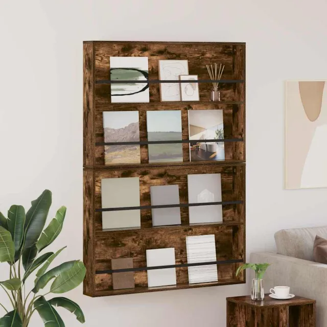 vidaXL Tijdschrift Rek met plank 2 st Gerookt eiken 100 x 12 x 70 cm, foto 2