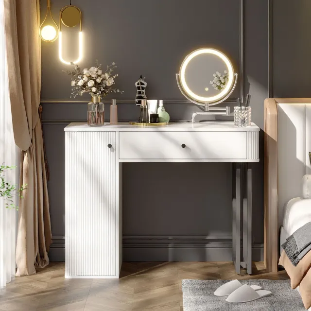 in& out door furniture Make-uptafel, make-upset met LED-spiegel, 1 lade, 1 deur, 3-kleurige LED-verlichting, afmetingen: B100×H116×D40cm (zonder krukje) Wit