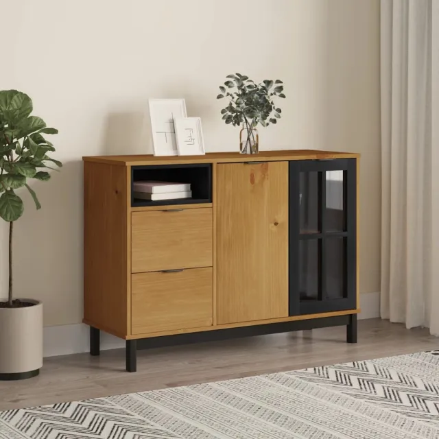 vidaXL Dressoir met glazen deuren FLAM 110x40x80 cm massief grenenhout bruin, foto 2