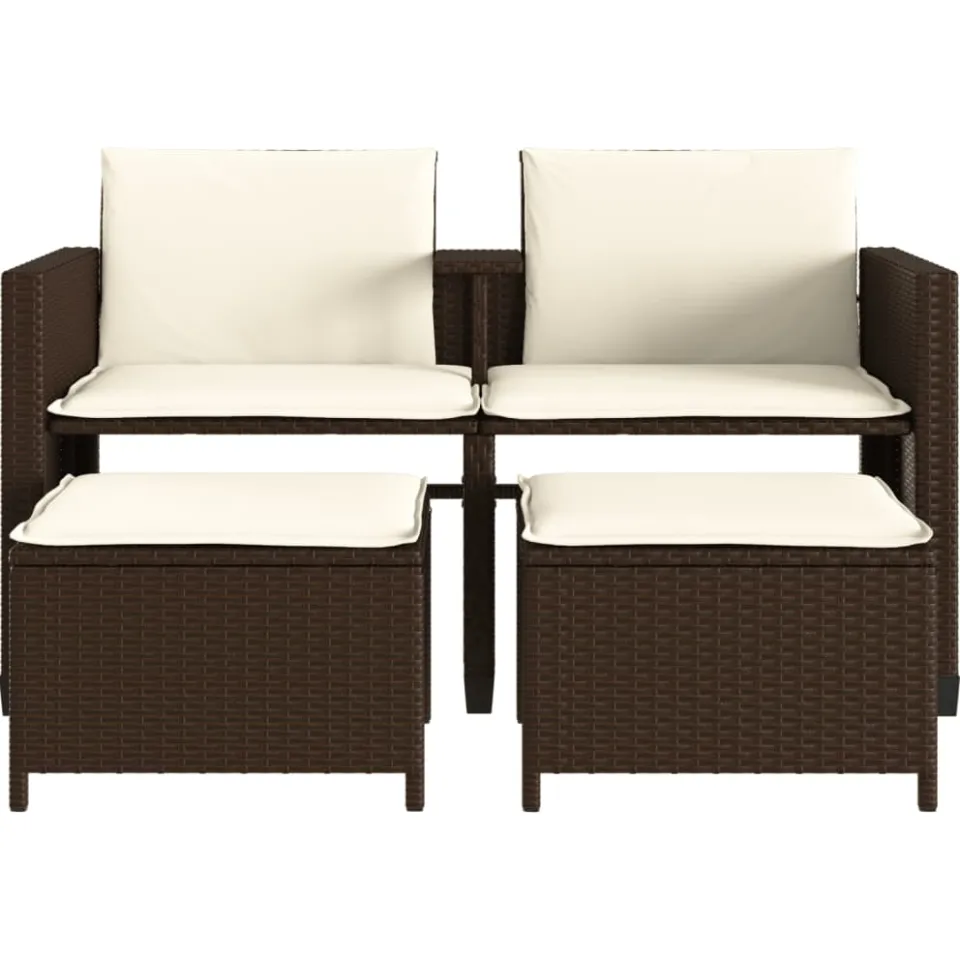 vidaXL Tuinbank 2-zits met tafel en voetenbanken poly rattan bruin, foto 4