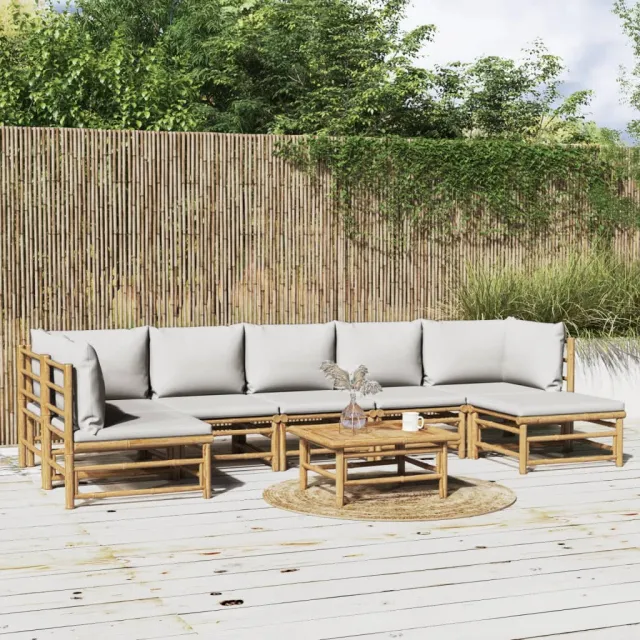 vidaXL 8-delige Loungeset met kussens bamboe lichtgrijs Bruin
