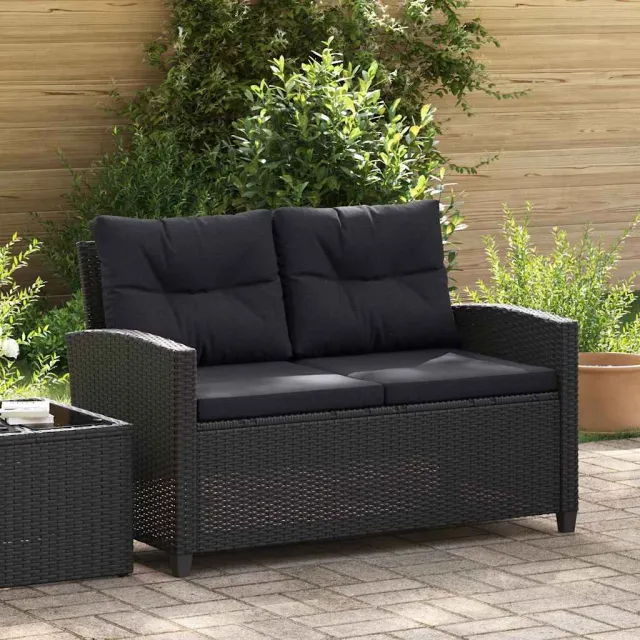vidaXL Tuinbank 2-zits met kussens 124 cm poly rattan zwart