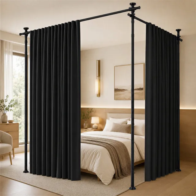 Lemonmax Kamerverdeler met Gordijnen - Zonder Boren - Verstelbaar 183-508 cm Breed en 110-300 cm Hoog - 3 Staanders en 2 Roedes - Zwart