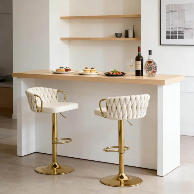MODFU Barkruk-Verstelbaar-Draaibaar-Met Rugleuning-Met Armleuning-Velvet-Creme Wit