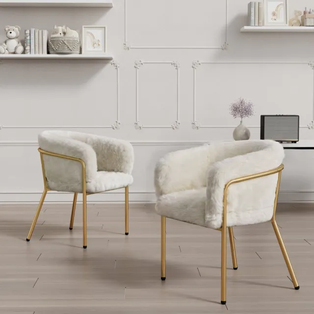 Merax Lounge stoel - set van 2 - kapstoel - woonkamer en slaapkamer - eetkamerstoel - faux rabbit dons - beige