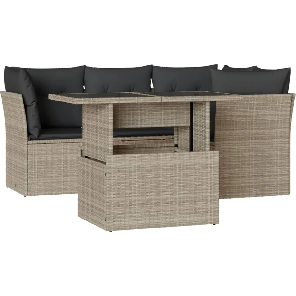 vidaXL 5-delige Loungeset met kussens poly rattan lichtgrijs grijs, foto 3
