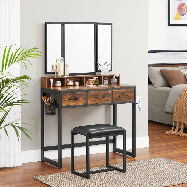 LEOBERT Industriële Stijl Kaptafel met Spiegel en Kruk – Rustiek Bruin/Zwart – Make-uptafel met Opberglades, Sieradenhaken, Föhnhouder en Eco-Lederen Zitkussen – Slaapkamer Meubel – Hout & Staal – 90x40x141 cm – Stoere Vintage Look – Functioneel en Stabiel briun,zwart