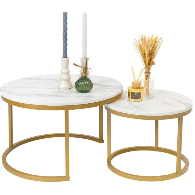 Tuuso Luxe Salontafel Set - Marmerlook Wit - Gouden Frame - Ø70 + Ø50 cm - 2-Delig & Inschuifbaar