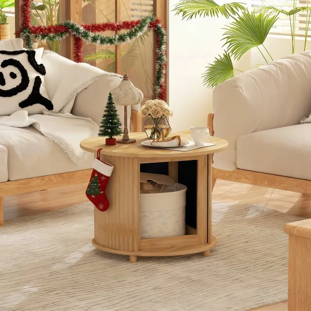 REDOM Ronde salontafel Ø60 x 45H cm van bamboe, naturel, met verborgen opbergruimte en schuifdeur, modern design Natuurlijk hout