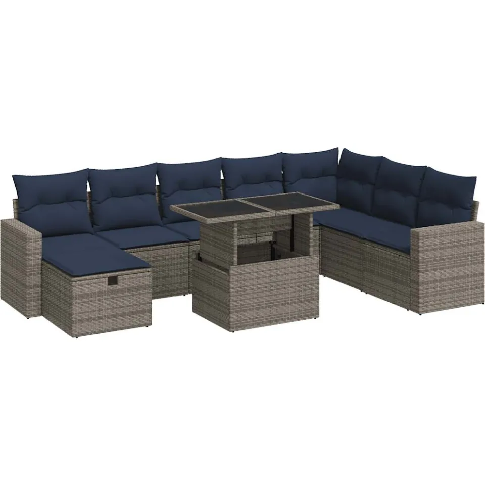 vidaXL 9-delige Loungeset met kussens poly rattan grijs, foto 3