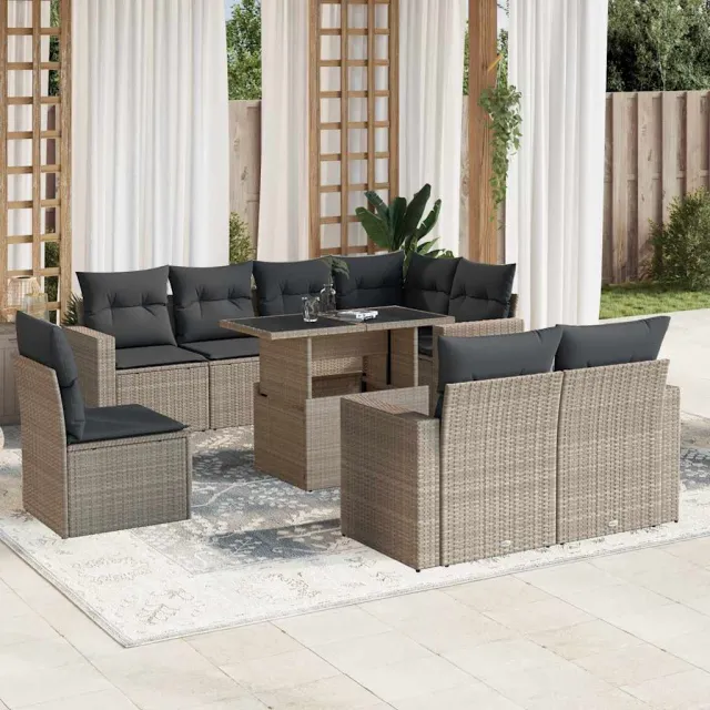 vidaXL 9-delige Loungeset met kussens poly rattan lichtgrijs grijs, foto 2