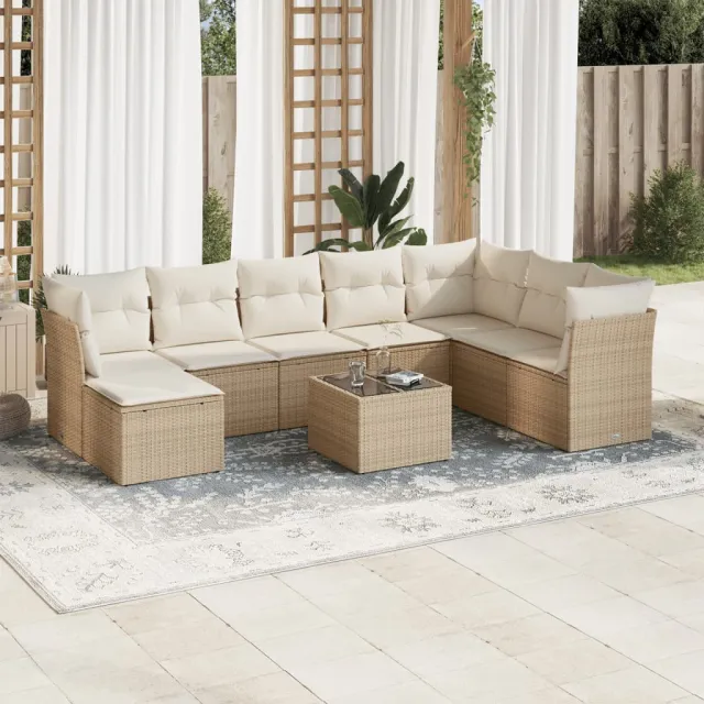 vidaXL 9-delige Loungeset met kussens poly rattan beige, foto 2