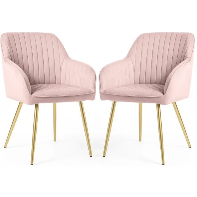 Akord Set van 2 Eetkamerstoelen FLORENCE met Armleuningen / Gestoffeerde Stoelen / Fluwelen Stoelen en Metalen Poten / Poederroze met gouden benen
